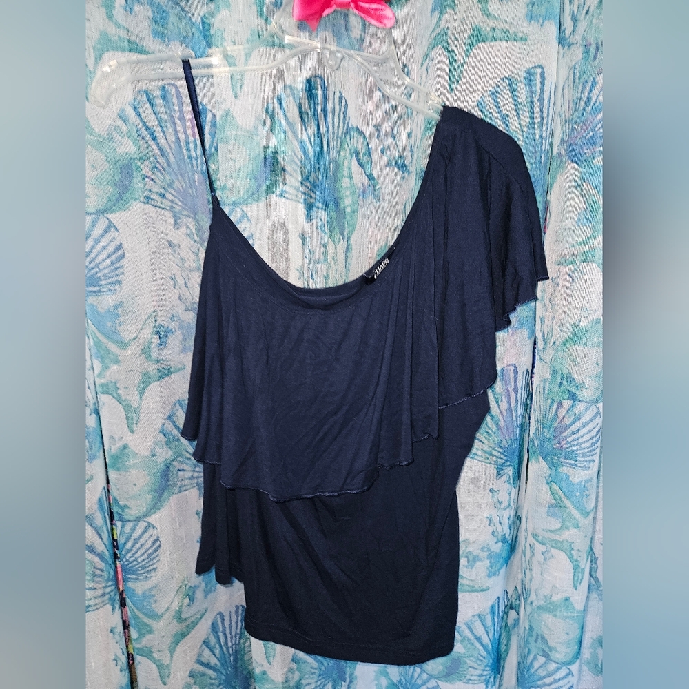 One shoulder navy top with flounce